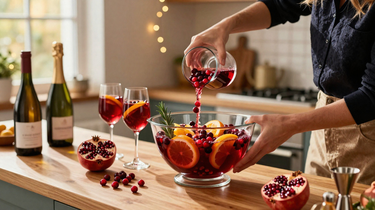 Pessoa preparando ponche com frutas cítricas e cranberries em uma cozinha iluminada.