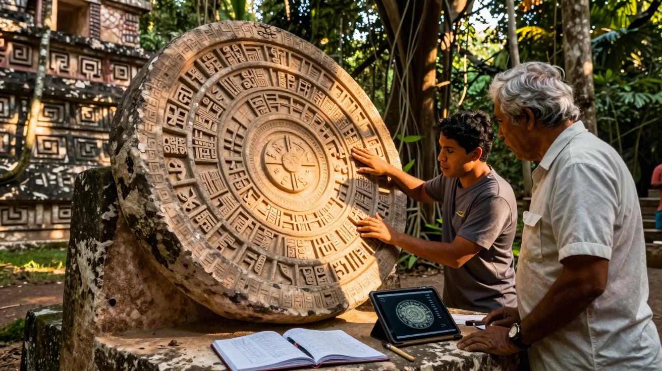 Dois homens estudam uma escultura circular de pedra com símbolos maias em ambiente ao ar livre.