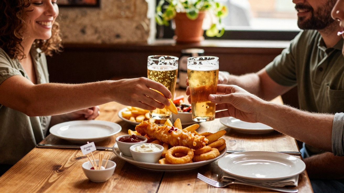 Três pessoas brindando com cerveja em mesa de madeira com petiscos variados como batata frita e onion rings.