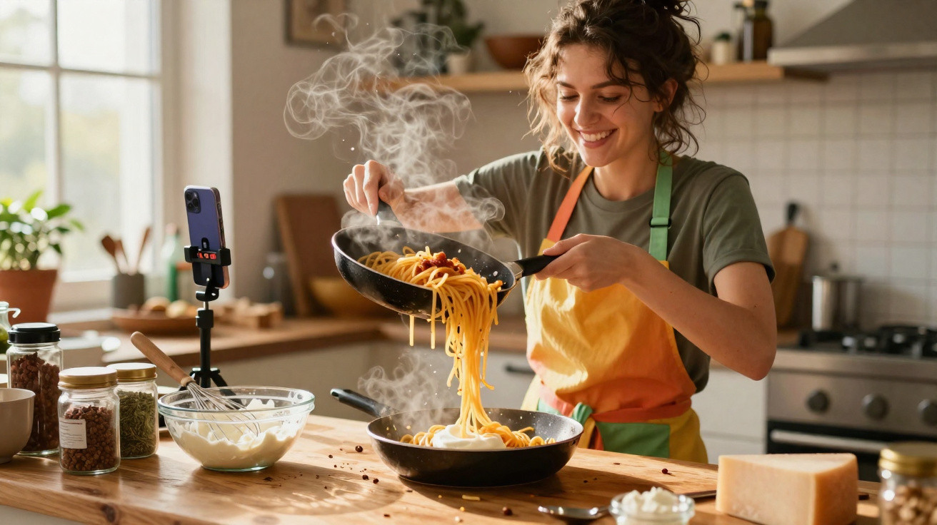 Mulher sorridente cozinhando macarrão em cozinha iluminada, filmando com smartphone em tripé.