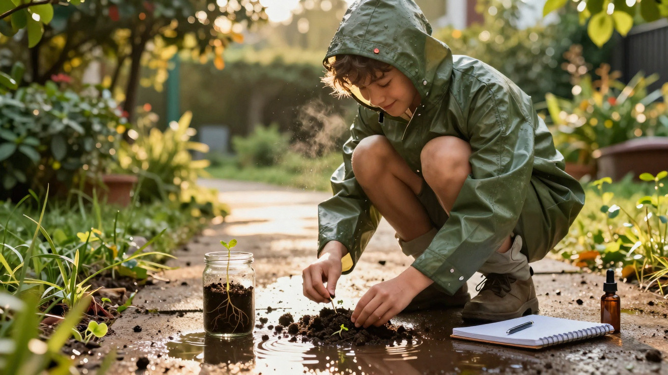 Menino de capa verde planta muda em solo molhado, com pote de vidro, caderno e frasco ao lado.