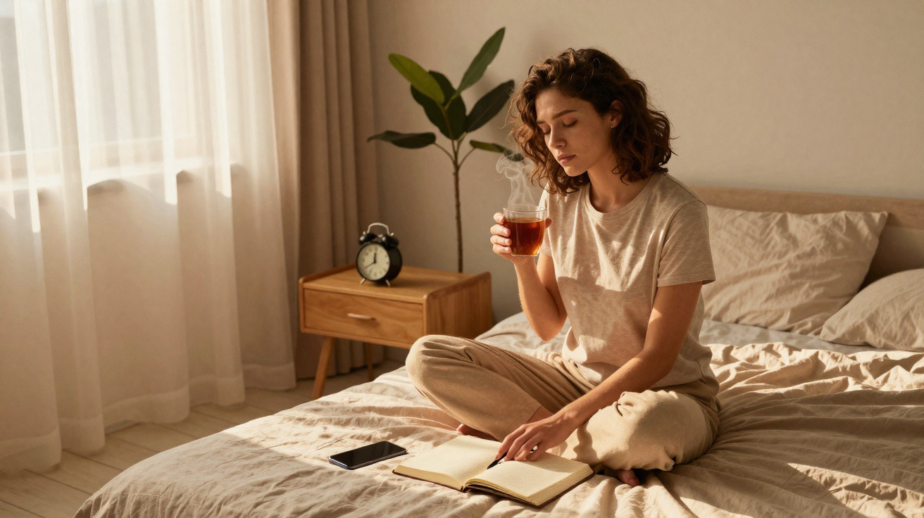 Mulher sentada na cama lendo livro e segurando xícara de chá em quarto iluminado pela manhã.