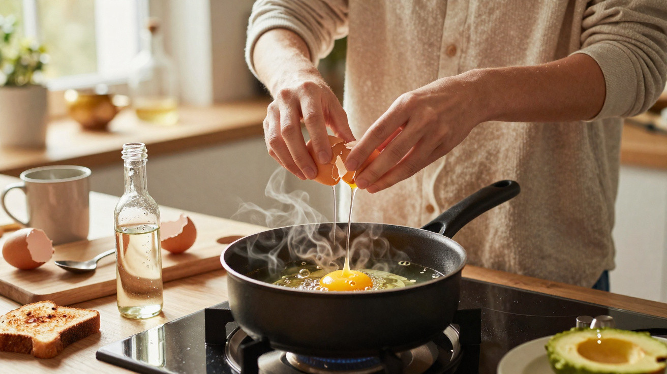Pessoa quebrando ovo em frigideira enquanto cozinha em fogão, com torrada e abacate na bancada.