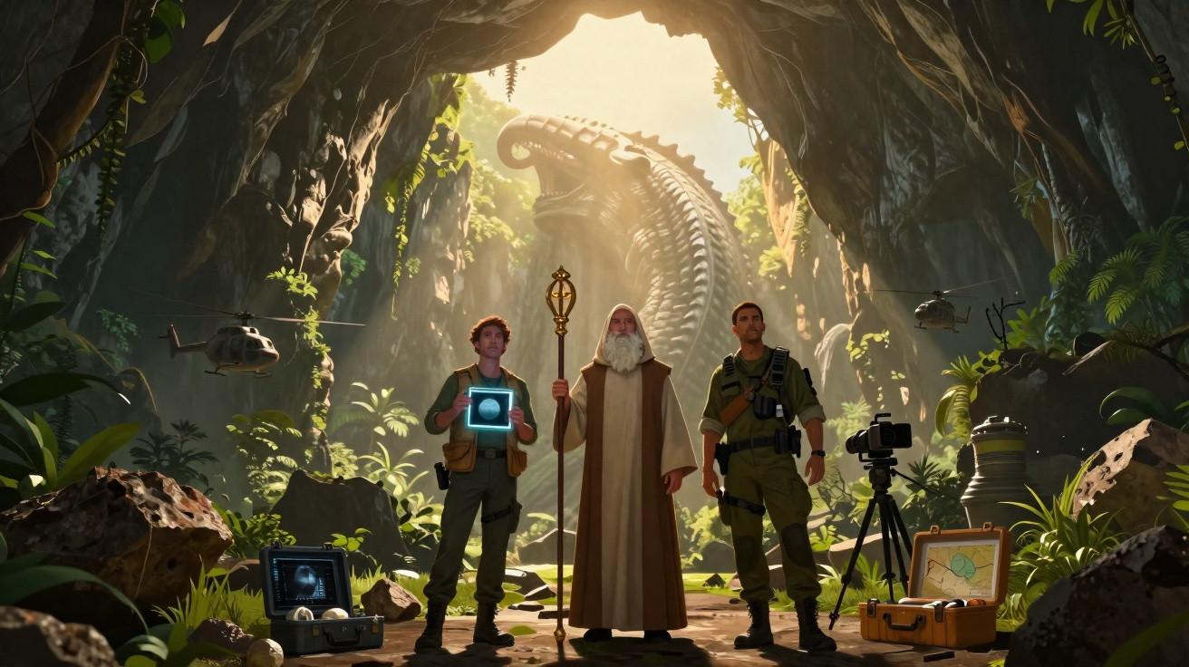 Três homens em uma caverna iluminada, com equipamentos tecnológicos e helicópteros ao fundo.