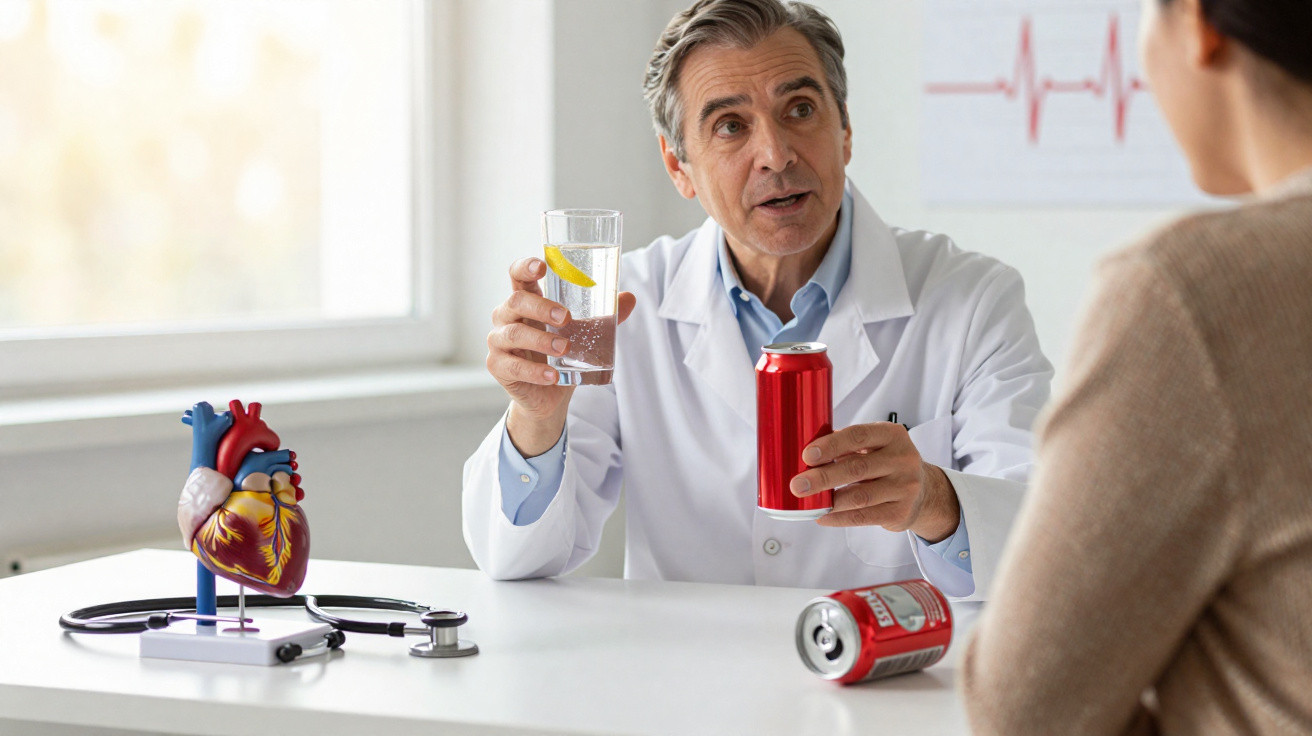 Médico segurando água e refrigerante explicando riscos para paciente em consultório com modelo de coração.