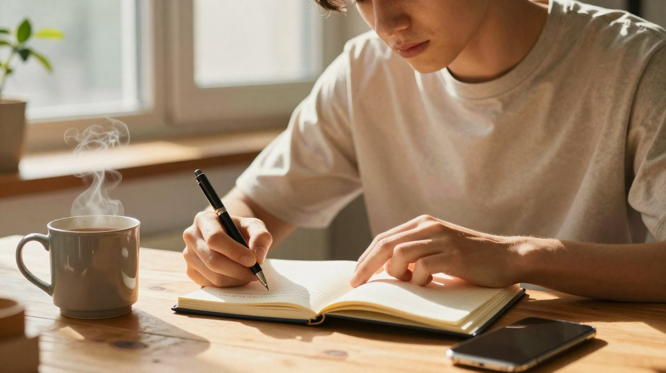 Pessoa escrevendo em caderno sobre mesa de madeira com caneca de café e celular ao lado.