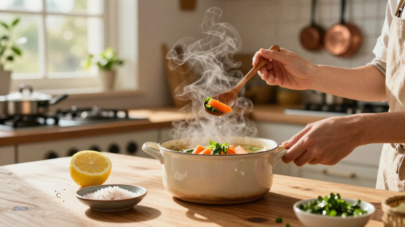 Pessoa mexendo sopa quente com legumes em panela na cozinha iluminada naturalemente.