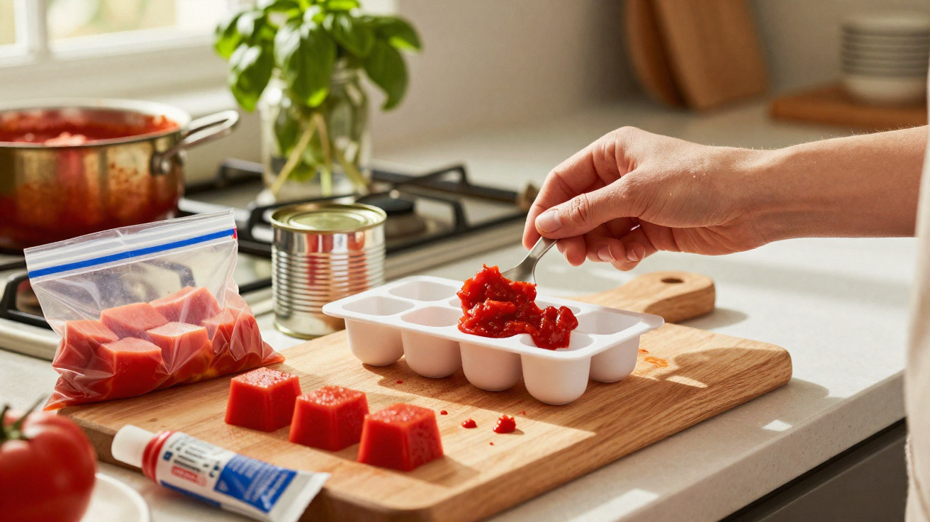 Pessoa colocando molho de tomate em formas de gelo para congelar em cozinha iluminada.