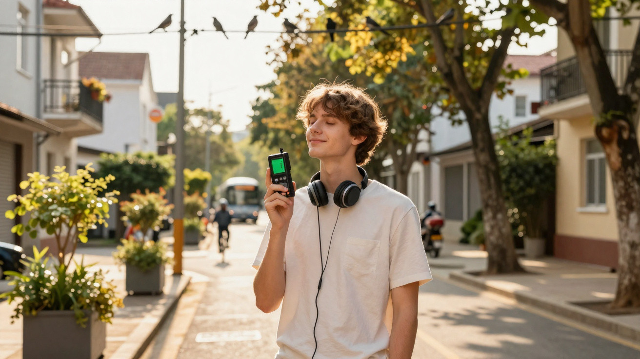 Jovem sorridente com fones no pescoço segura rádio portátil em rua tranquila ao pôr do sol.