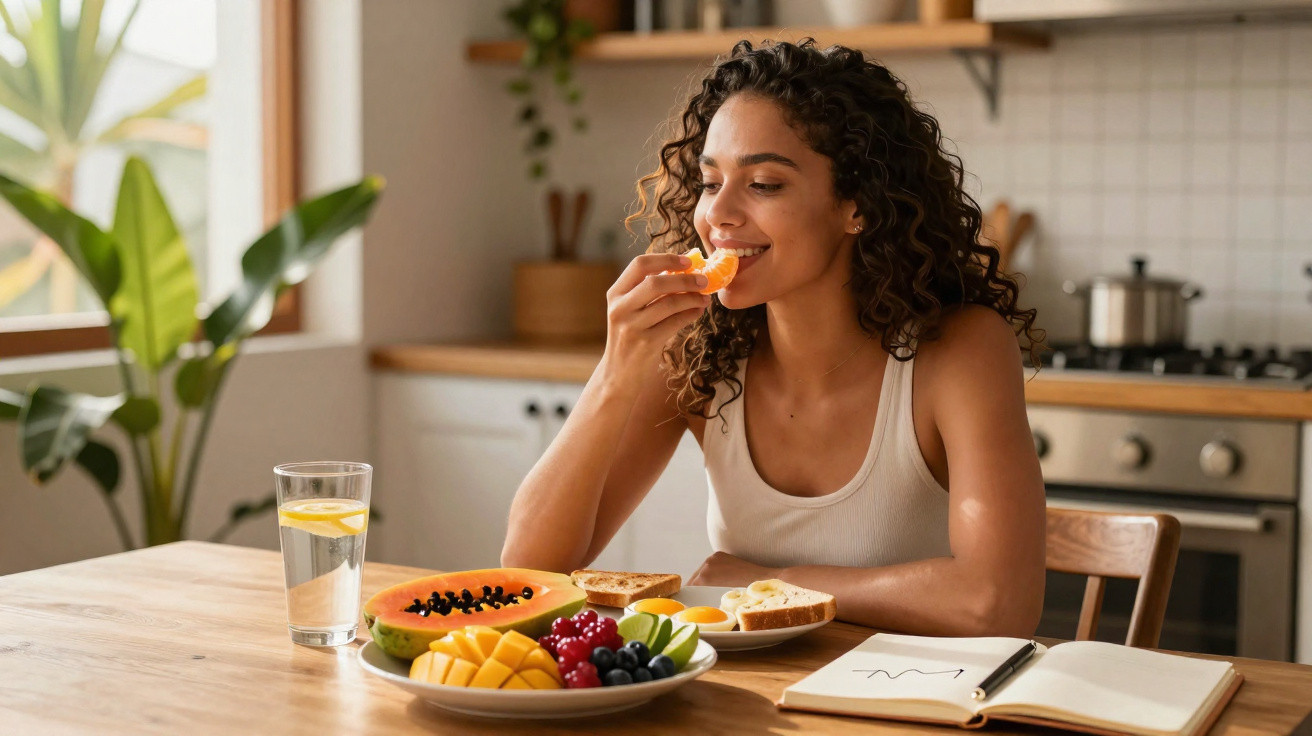 Mulher sorrindo comendo fruta na cozinha, com prato de frutas e livro aberto sobre a mesa.