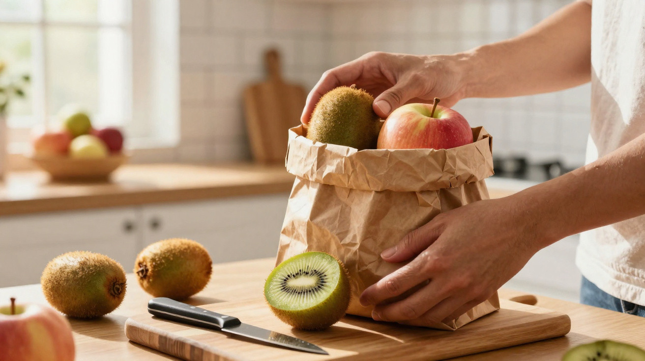 Pessoa guardando kiwi e maçã em saco de papel na bancada de cozinha com faca e frutas sobre a tábua de corte