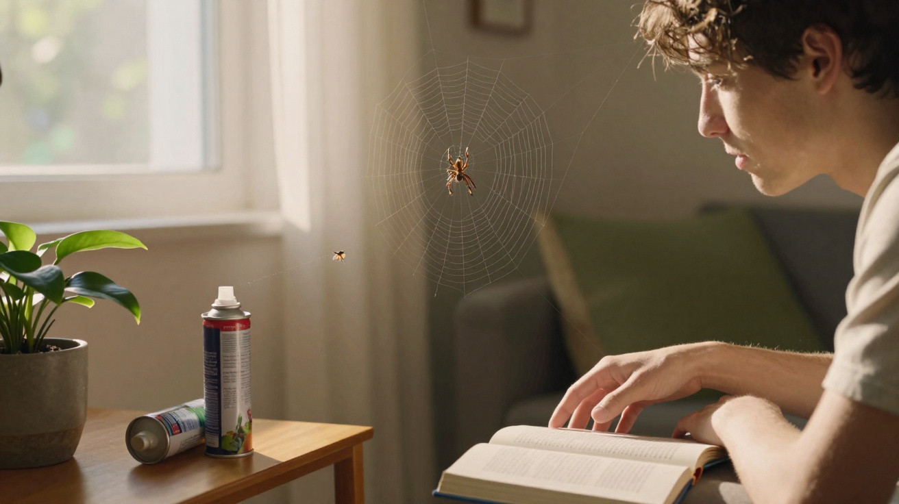 Jovem lendo livro perto de aranha em teia suspensa em ambiente interno com plantas e spray sobre mesa.