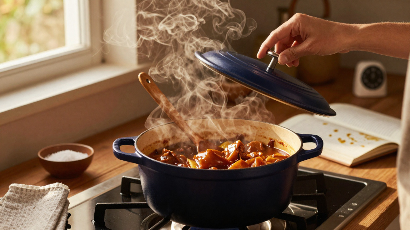 Panela azul com comida quente e vapor saindo enquanto tampa é retirada na cozinha.