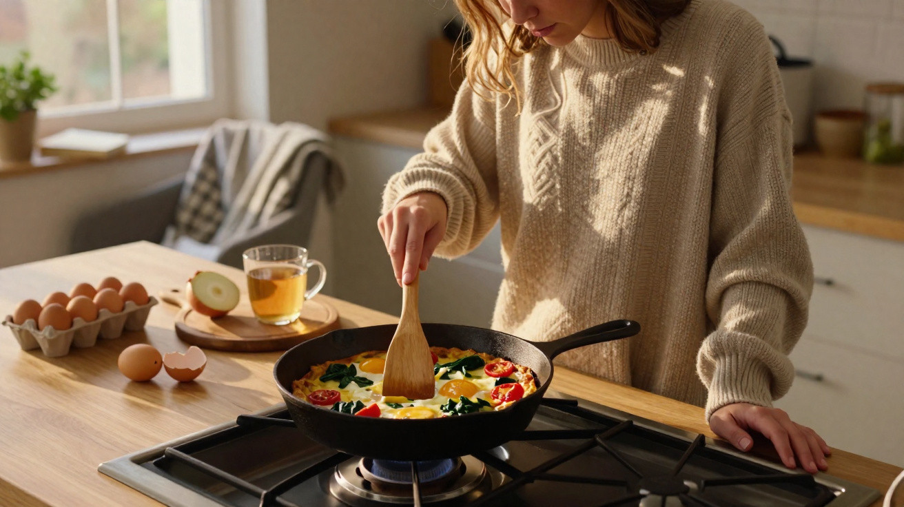 Mulher cozinhando ovos com tomate e espinafre em frigideira na cozinha ensolarada.
