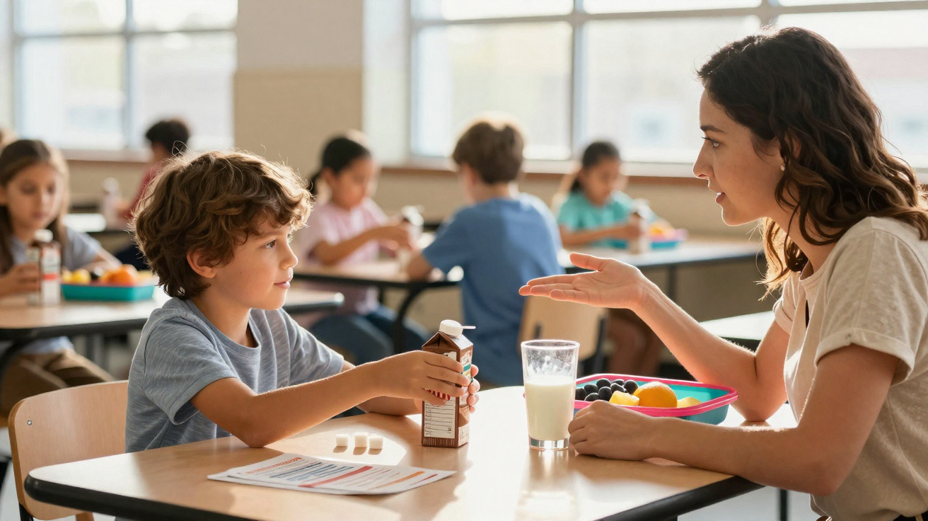 Criança e professora conversando durante o lanche em sala de aula com outras crianças ao fundo.