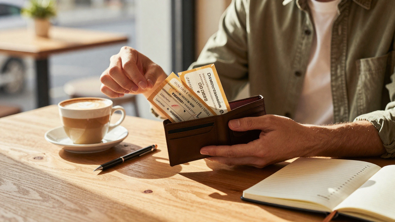Pessoa segurando carteira com ingressos e caneca de café sobre mesa de madeira em ambiente iluminado