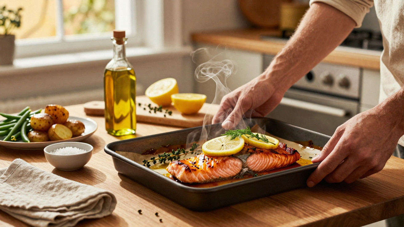 Pessoa preparando salmão assado com limão e ervas em assadeira na cozinha, com legumes e azeite ao lado.