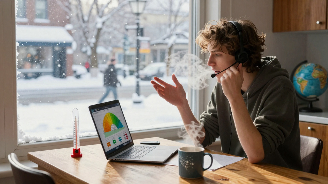 Jovem com headset trabalha com laptop e bebe café em mesa perto de janela com neve e termômetro.