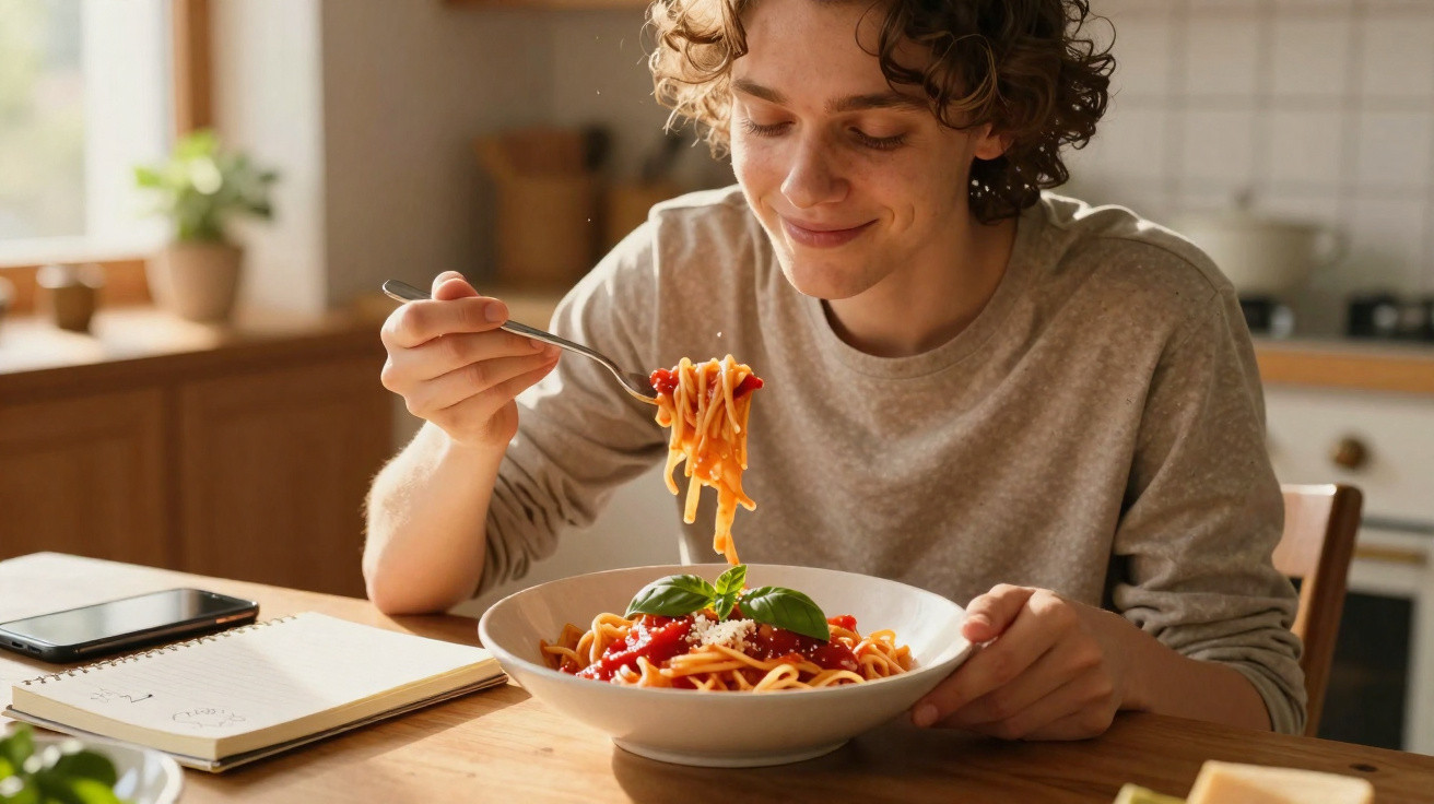 Pessoa sorrindo enquanto come prato de espaguete com molho de tomate e manjericão em cozinha iluminada.