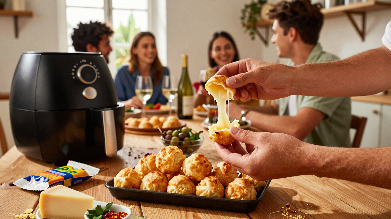 Pessoa abrindo pão de queijo quente com queijo derretido, amigos conversando ao fundo em cozinha.