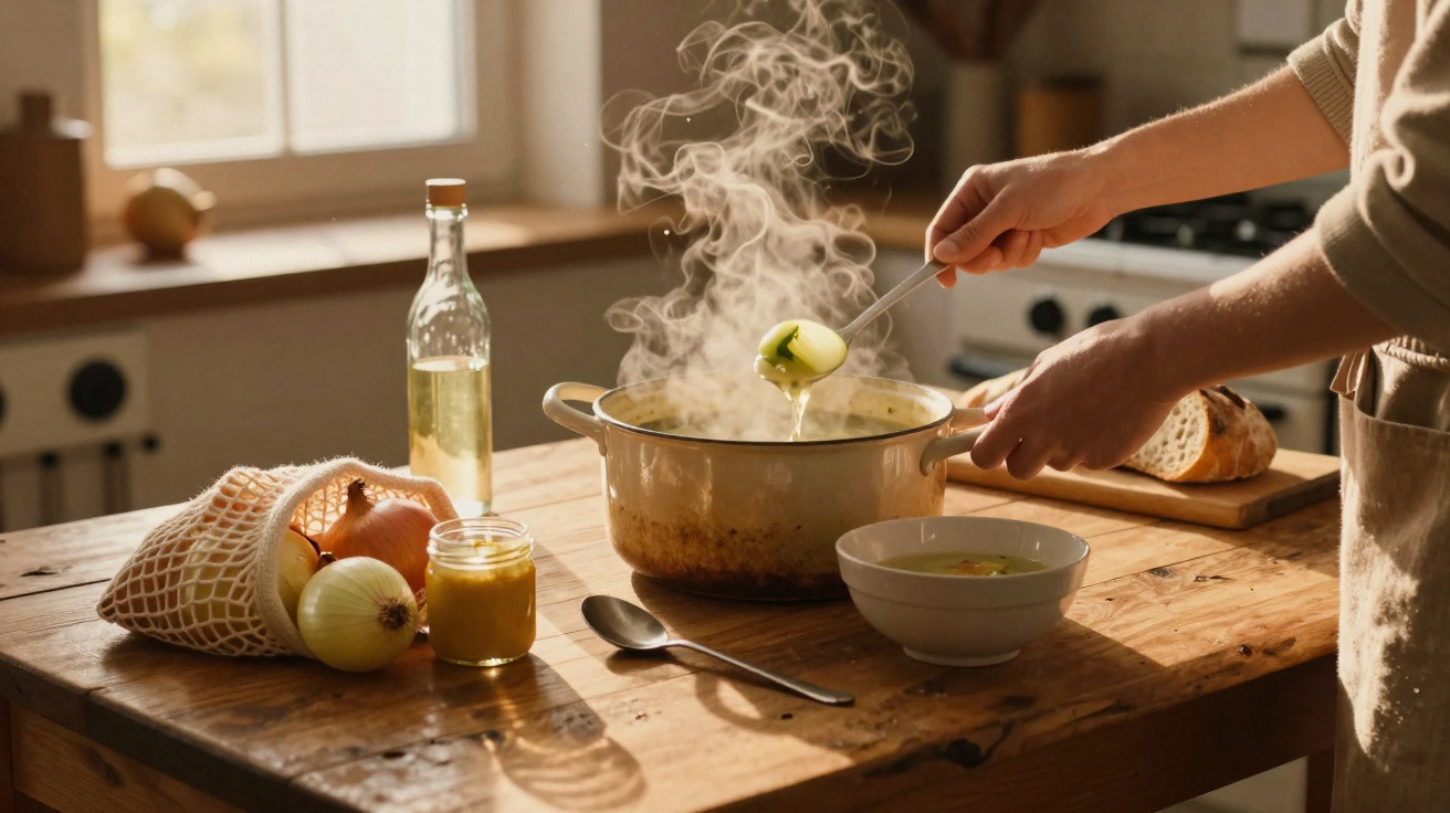 Pessoa servindo sopa quente em tigela sobre mesa de madeira em cozinha acolhedora e iluminada.