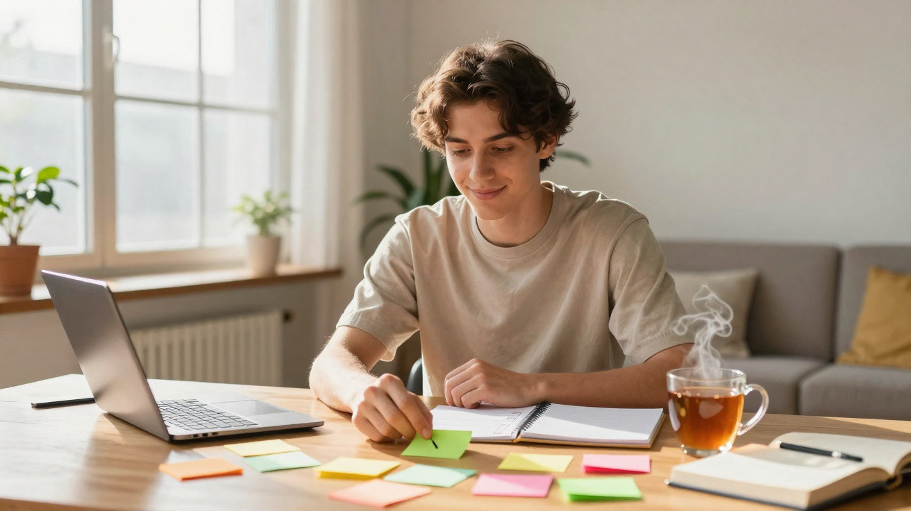 Jovem organizando anotações coloridas em post-its na mesa com laptop e chá em ambiente iluminado.