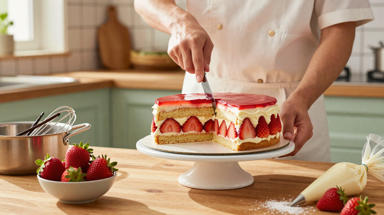 Pessoa cortando bolo de morango com chantili em cozinha iluminada, com frutas e utensílios na mesa.