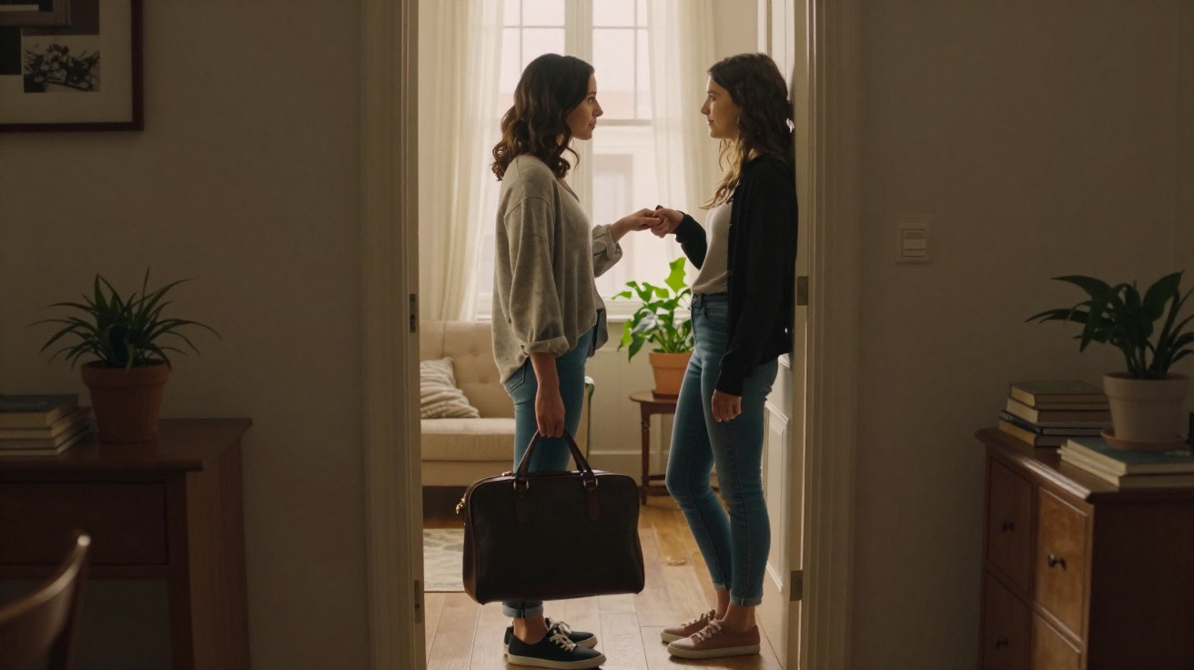 Duas mulheres de pé em um corredor, uma segurando uma mala e ambas tocando as mãos.