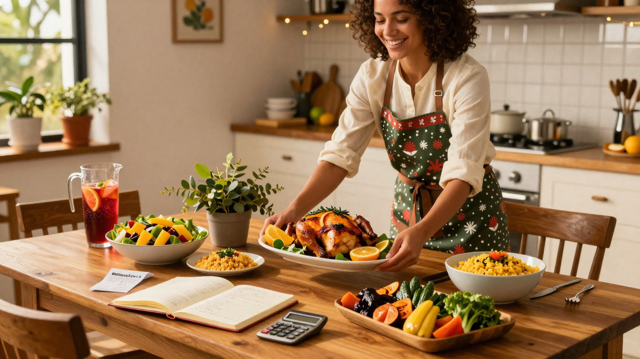 Mulher sorridente colocando prato com peru assado em mesa de madeira com salada e bebidas.