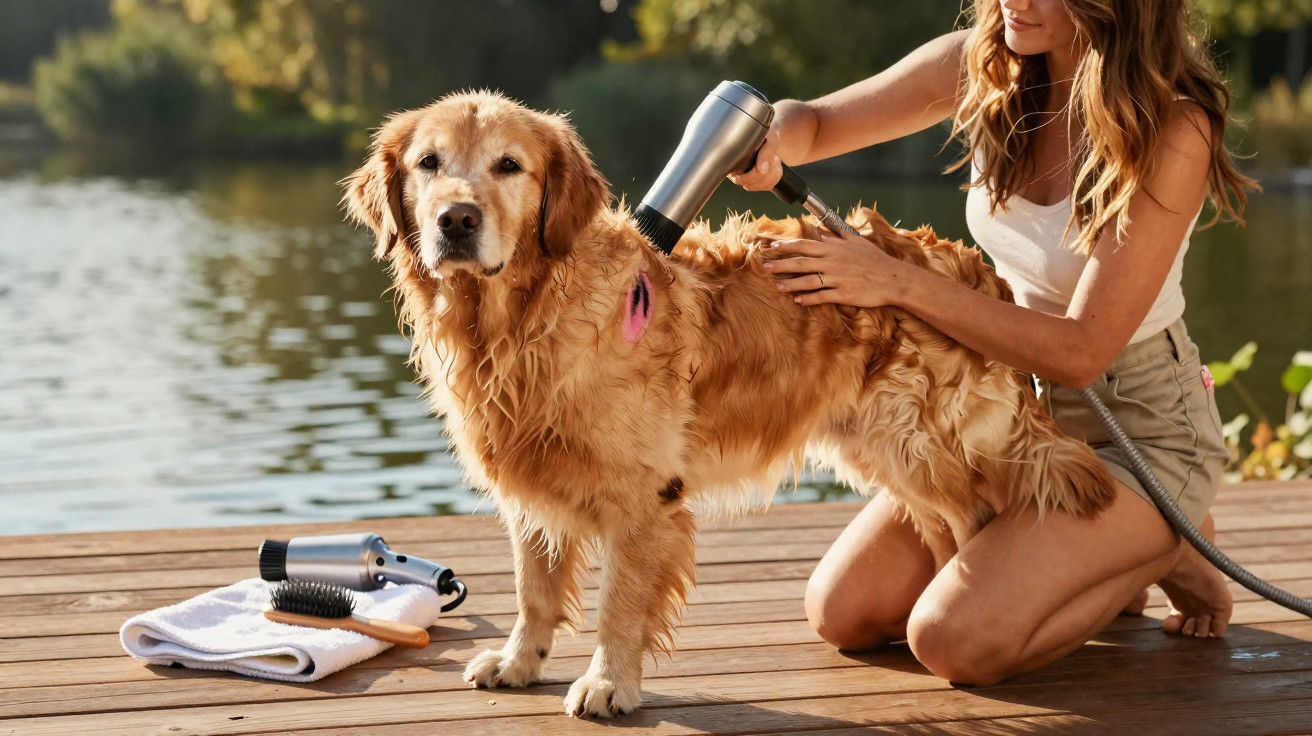 Mulher seca cachorro dourado com secador em deck de madeira próximo a lagoa em dia ensolarado.