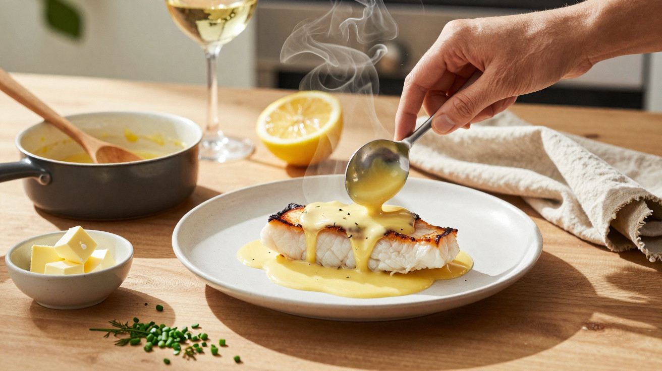 Mão servindo molho quente sobre filé de peixe grelhado em prato branco, com limão, manteiga e ervas na mesa.