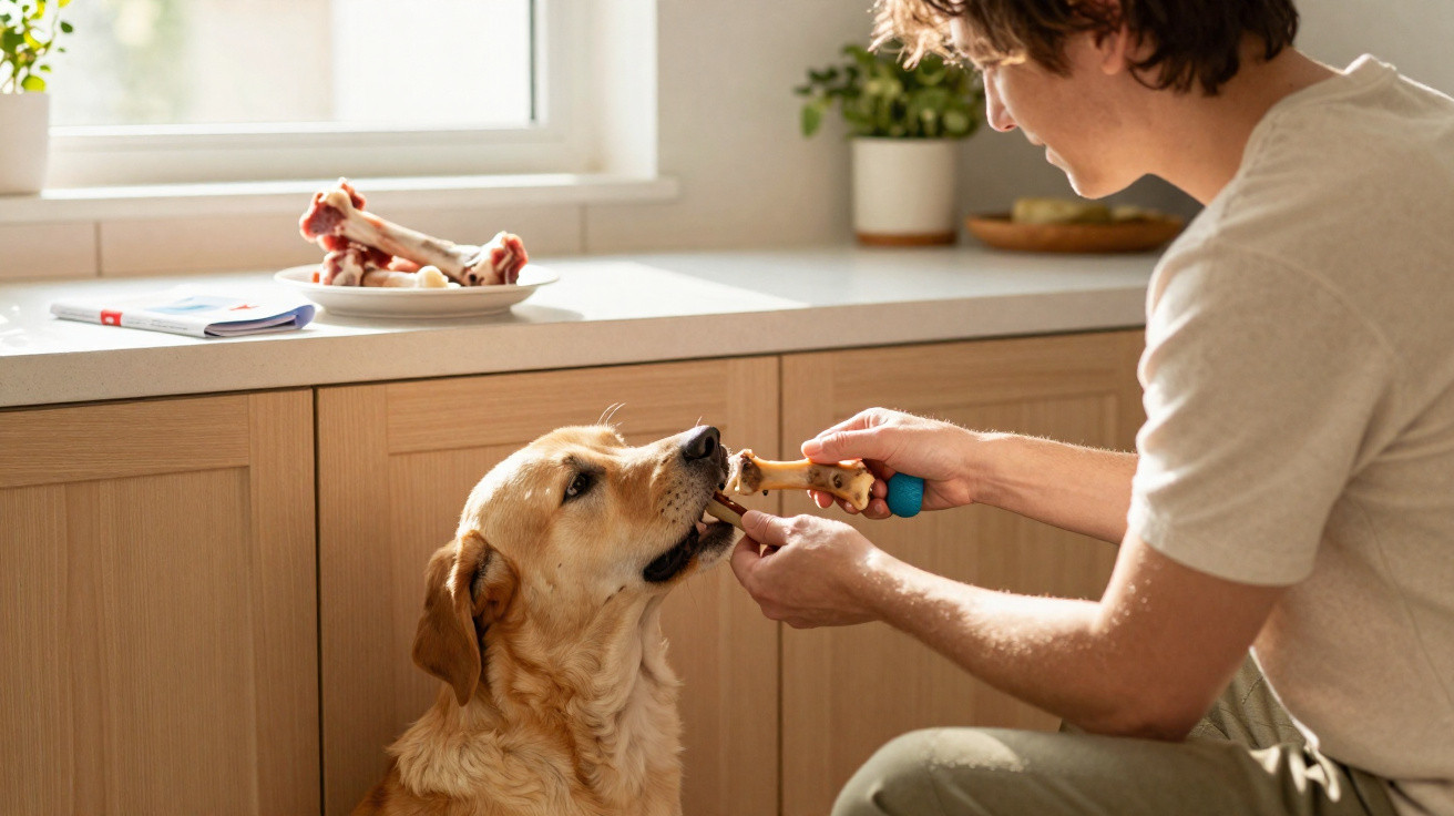 Homem oferece brinquedo para cachorro labrador sentado na cozinha iluminada pelo sol.