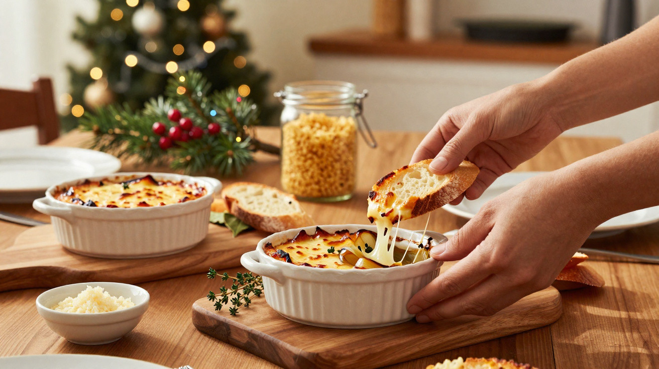 Pessoa pegando pão com queijo derretido em tigela branca sobre tábua de madeira na mesa decorada para Natal.