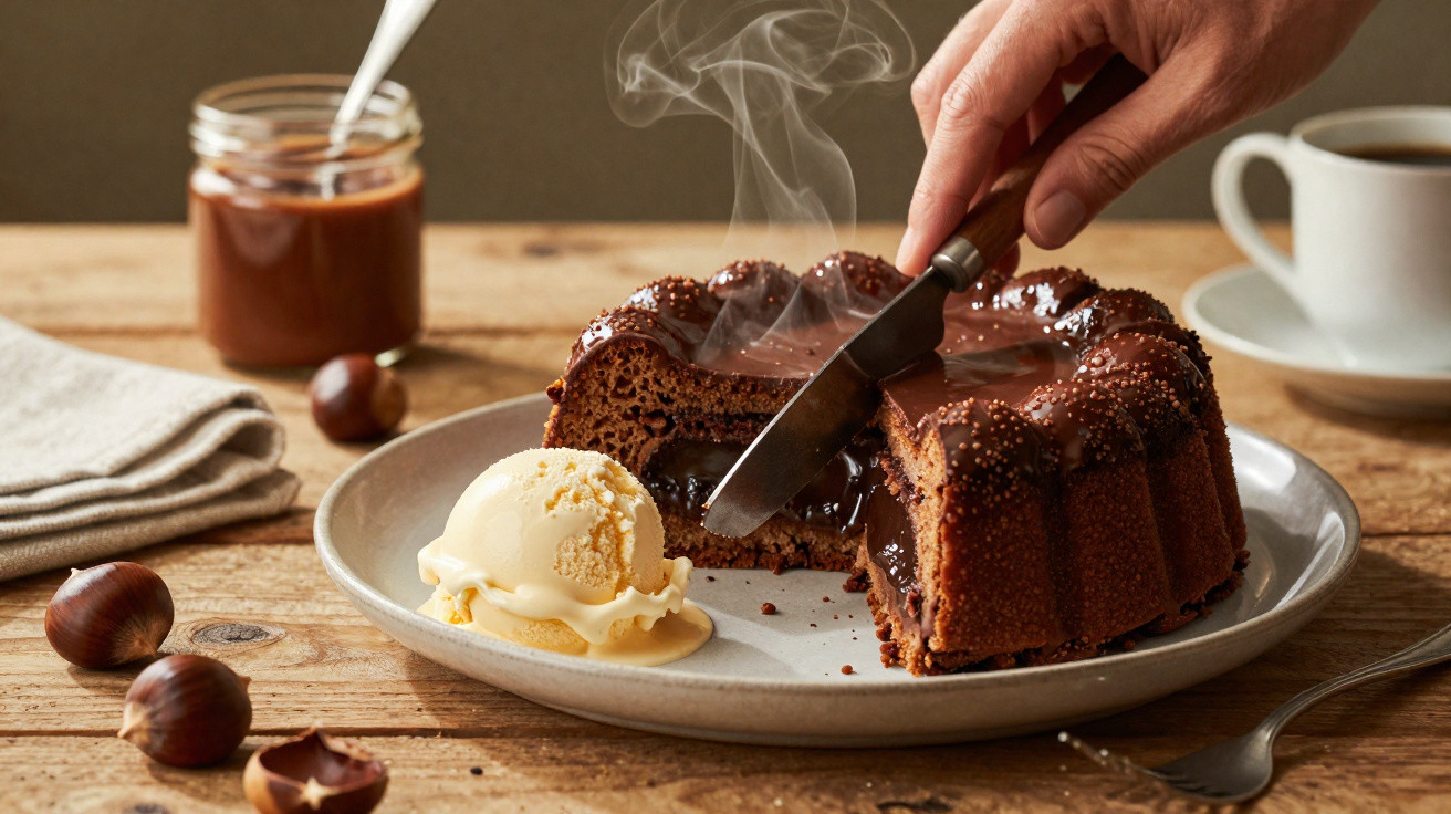 Bolo de chocolate quente sendo cortado, servido com sorvete, creme de avelã, castanhas e café.