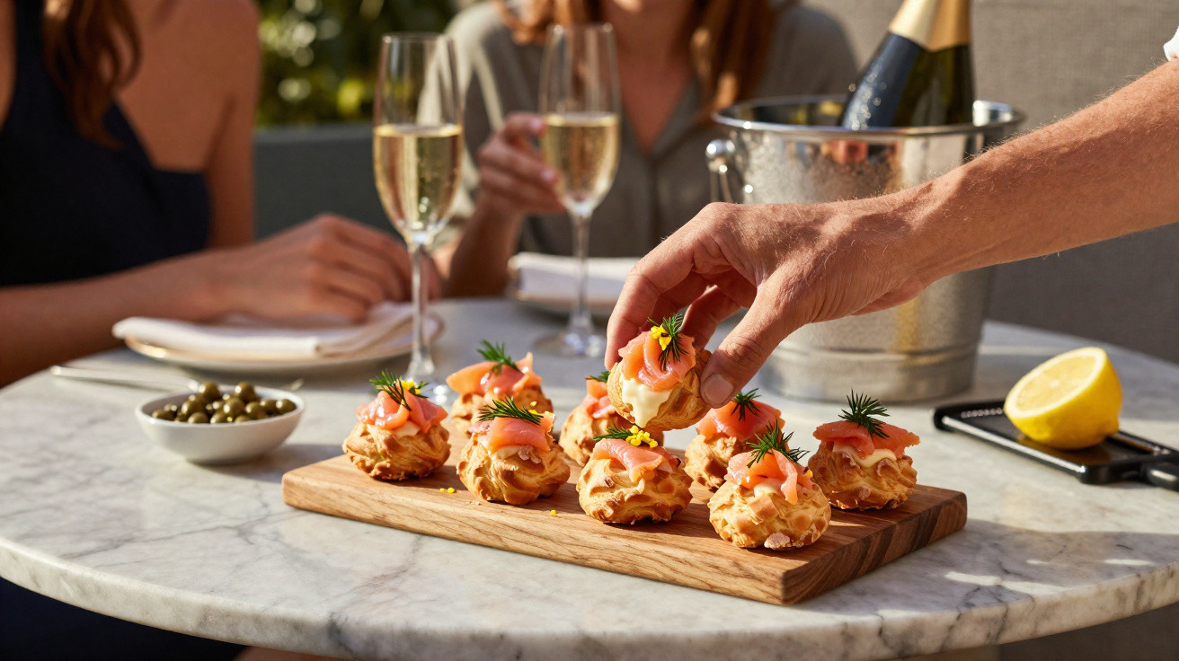 Pessoa pegando canapé com salmão defumado e enfeite de ervas frescas em tábua de madeira.