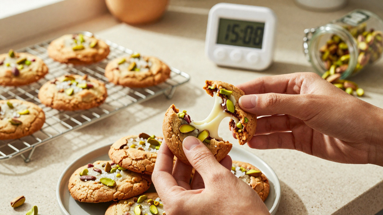 Pessoa segurando biscoito recheado com pistache e queijo, com mais biscoitos em prato e grade ao fundo.