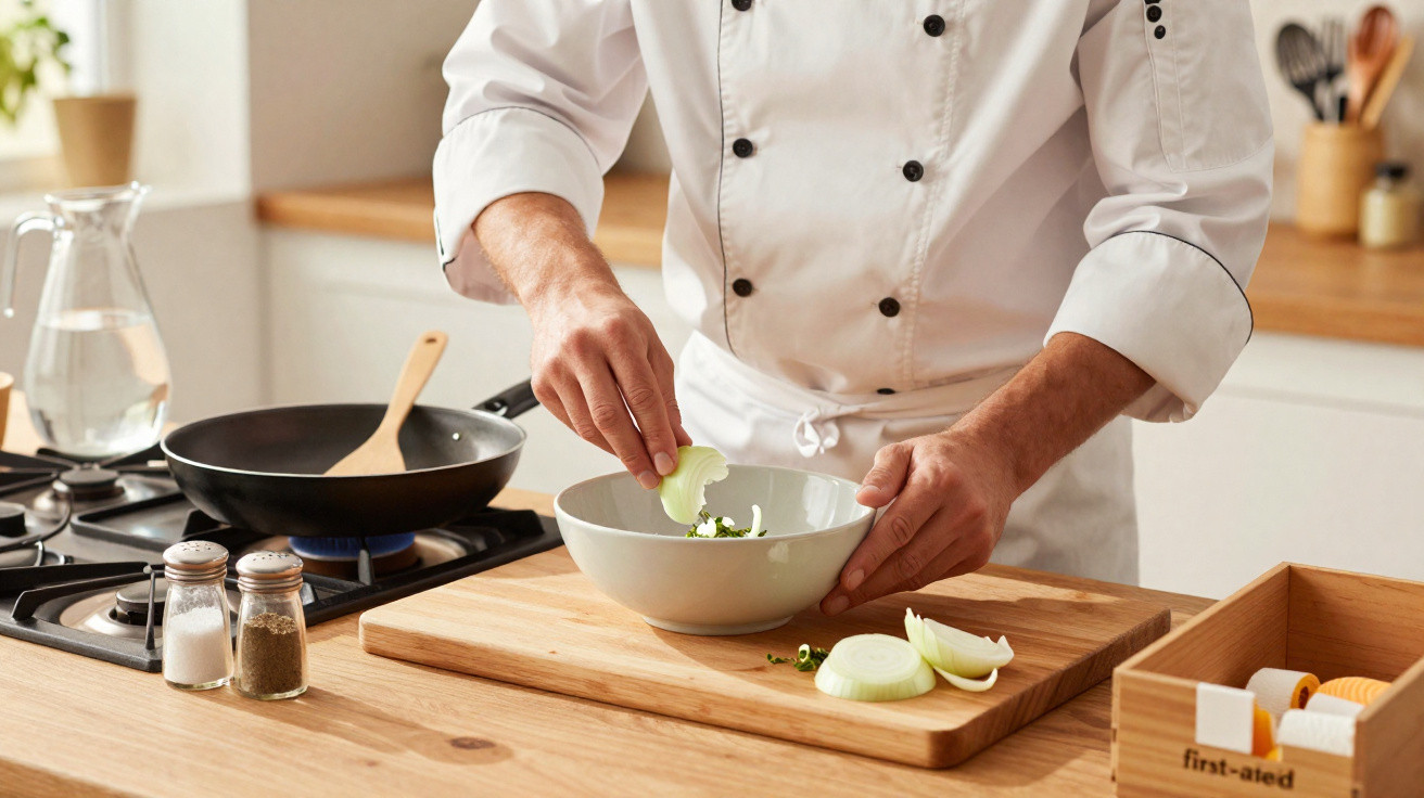 Chef com uniforme branco preparando salada com cebola em cozinha doméstica iluminada.