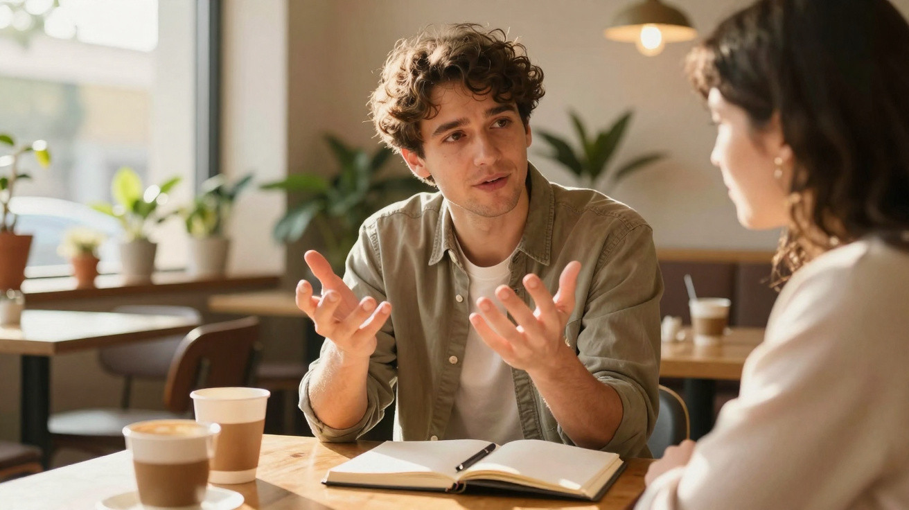 Homem conversando de forma expressiva com mulher em café com cadernos e cafés na mesa.