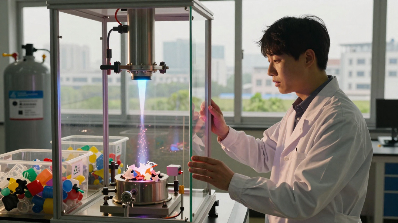 Cientista em jaleco operando equipamento de impressão 3D com chama azul em laboratório.