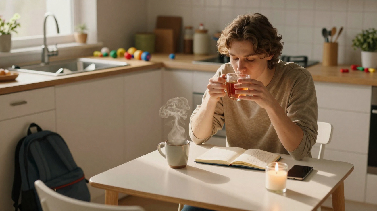 Jovem sentado à mesa na cozinha, lendo um livro e bebendo chá quente, com vela acesa e celular ao lado.