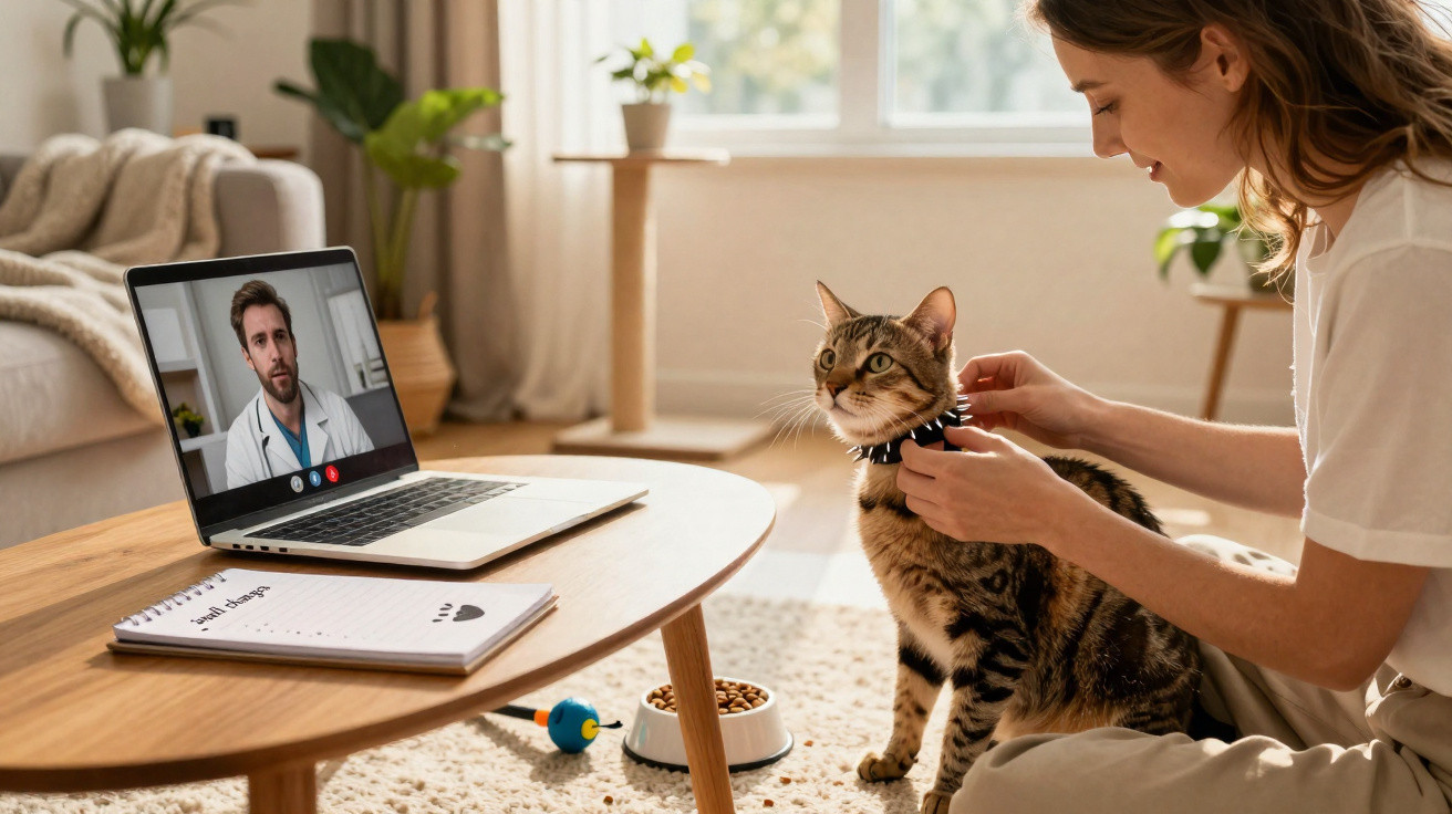 Mulher ajusta coleira de gato durante teleconsulta com veterinário no laptop, em sala iluminada.