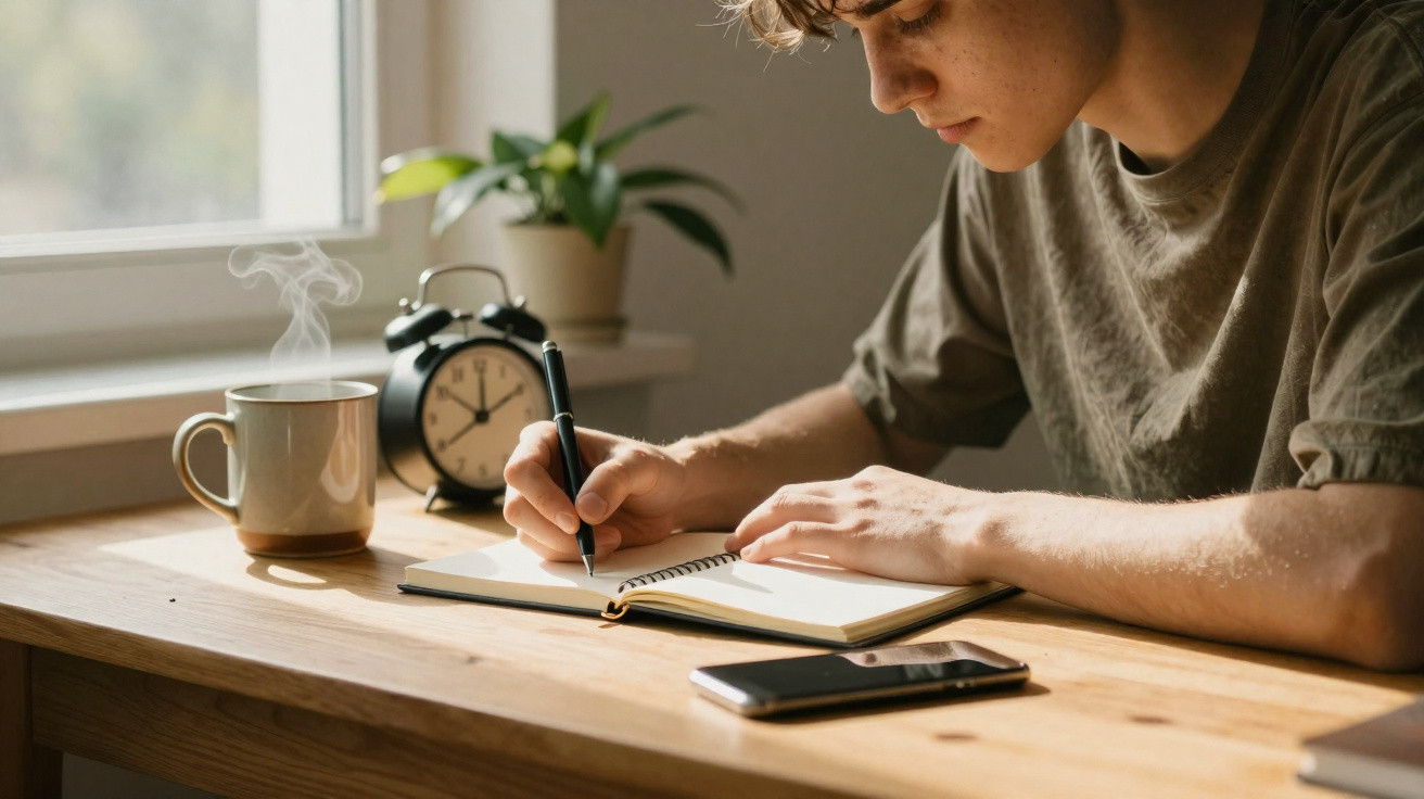 Pessoa escrevendo em caderno próximo a uma xícara de café quente, celular e relógio em uma mesa de madeira.