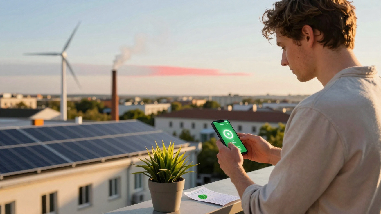 Jovem usando smartphone para monitorar energia com painéis solares, moinho de vento e chaminé ao fundo.