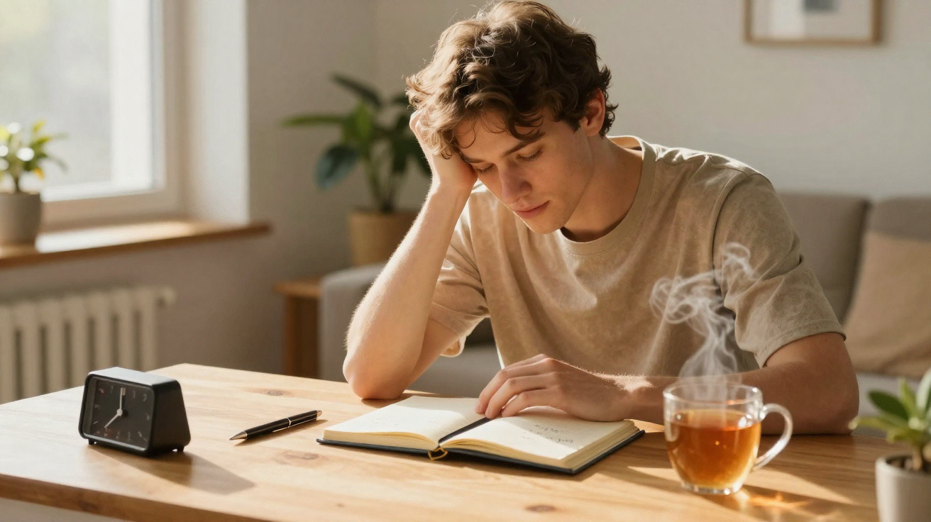 Jovem pensativo lendo livro em mesa com xícara de chá quente, caneta e relógio analógico preto.