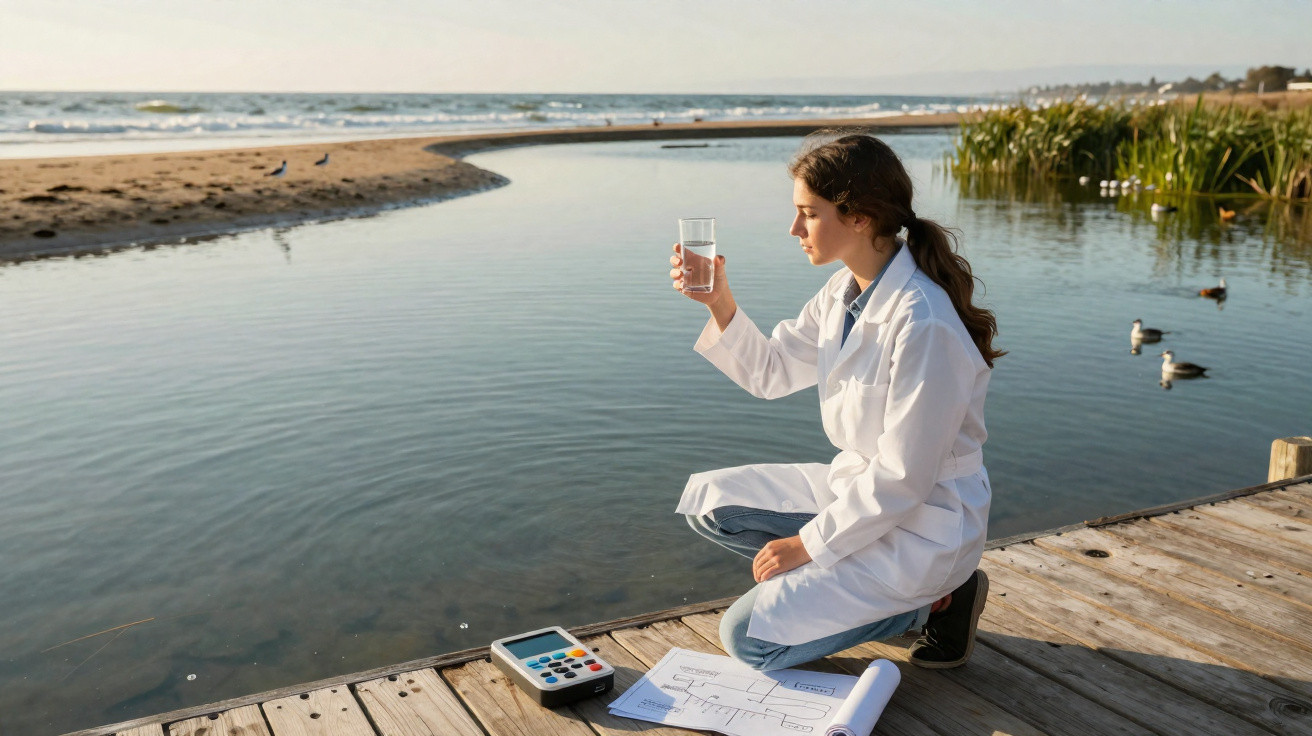 Mulher cientista analisando água em copo ao lado de lagoa, com equipamentos e anotações em um píer de madeira.