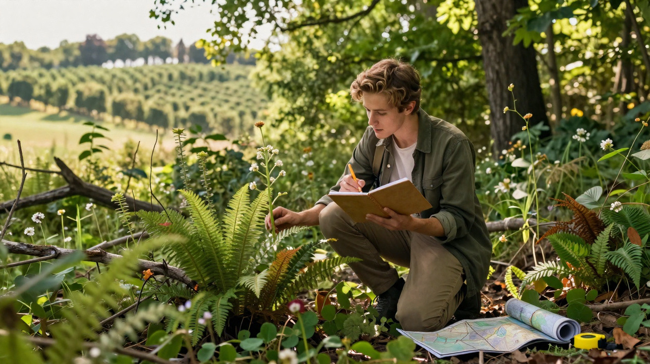 Jovem faz anotações em caderno durante estudo de plantas em área verde com mapas no chão.