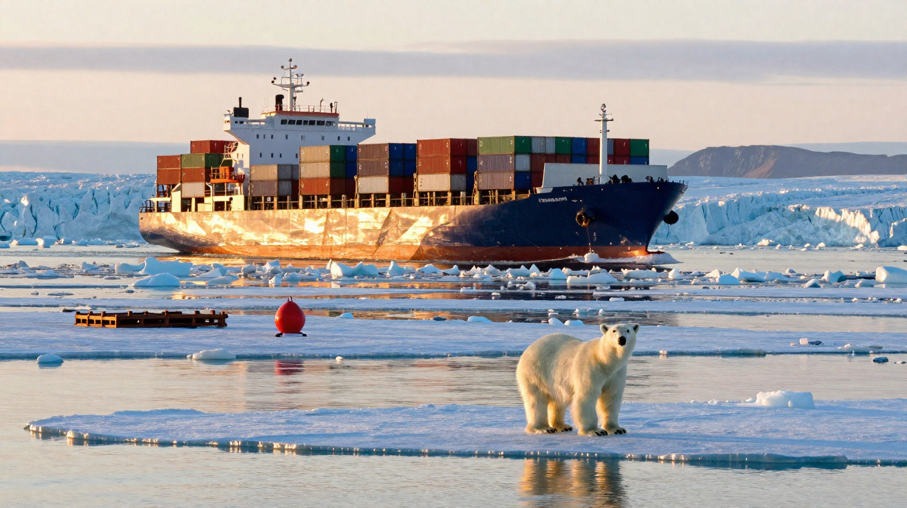Urso polar em bloco de gelo com navio cargueiro e iceberg ao fundo no Ártico.