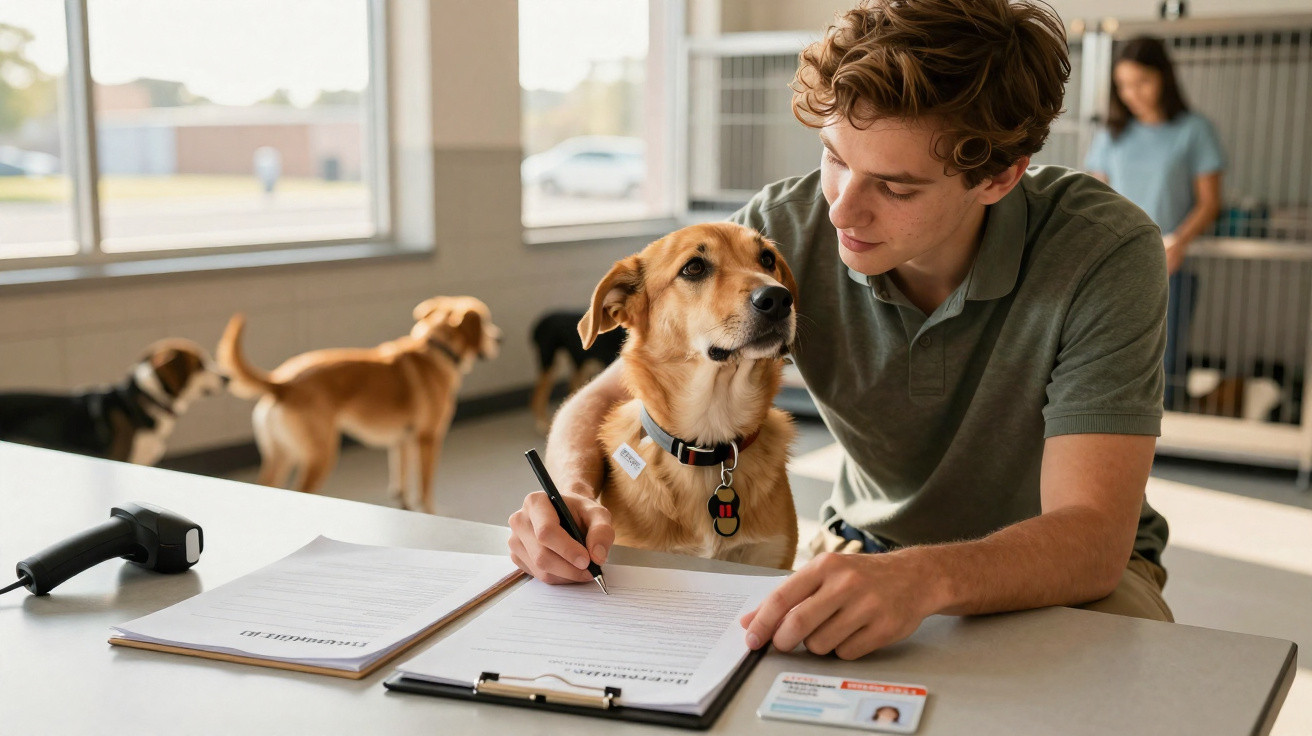 Jovem preenchendo formulários enquanto acaricia um cachorro em abrigo com outros cães ao fundo.