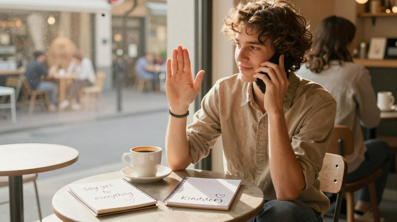 Jovem sentado em café, falando ao celular e acenando, com dois cadernos na mesa e uma xícara de café.