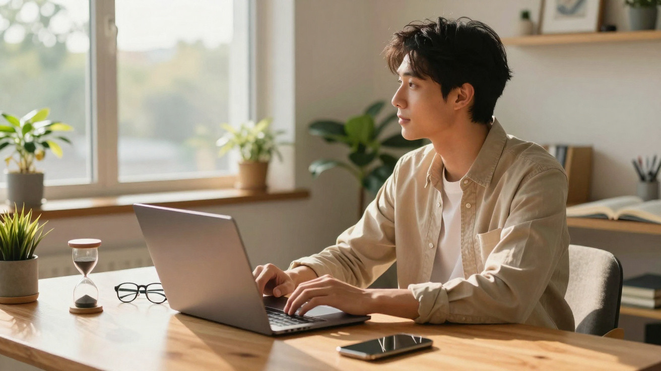 Homem jovem sentado em mesa com laptop olhando pela janela em ambiente de trabalho iluminado.